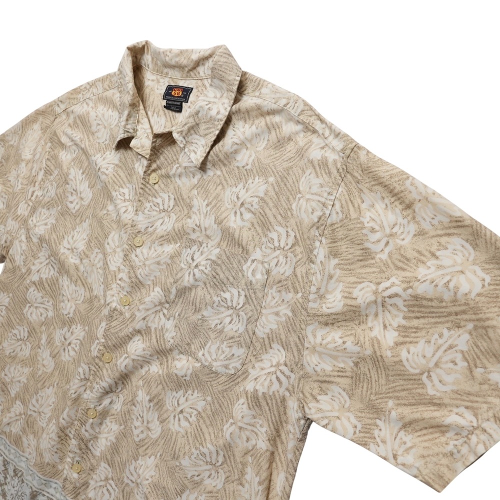 Route 66 Mens XL Tan Tropical Leaf Button Up Shirt Cotton Aloha